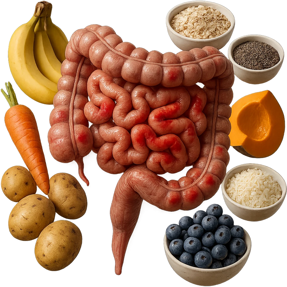 intestino umano anatomico infiammato con carota, bowl di avena, mirtilli, bowl di semi di chia, patate, banane, zucca, bowl di riso che gli fluttuano dietro, iperrealistico 4k emoji