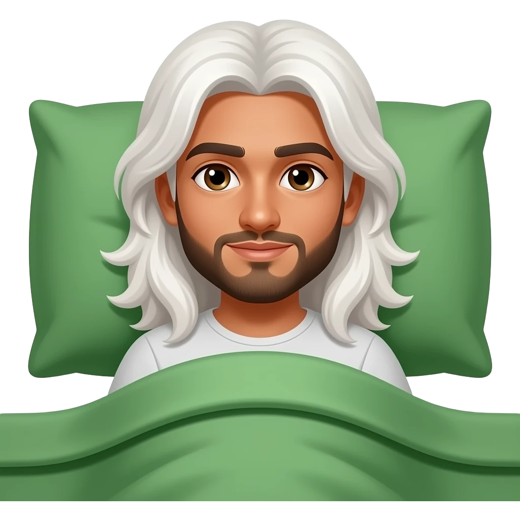 Darker Pakistani, brown eyes, Snuggled beneath blankets around head, Medium dark, olive, Really long white hair past the shoulders, tanned, clean-shaven young man with long white hair covered in like green duvet in bed emoji