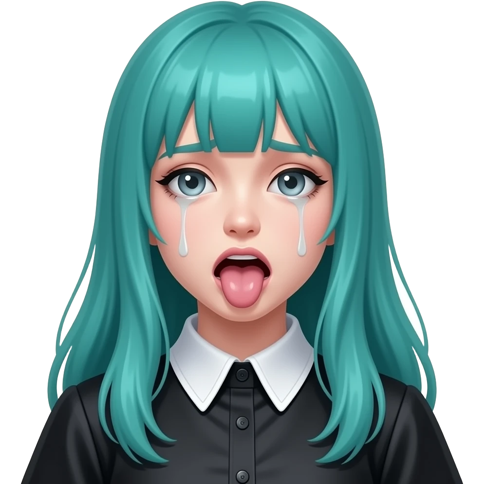 girl, sick, vomit, tongue out long flowing teal hair, grey eyes, black shoulder cyberpunk blouse with fancy white collar emoji