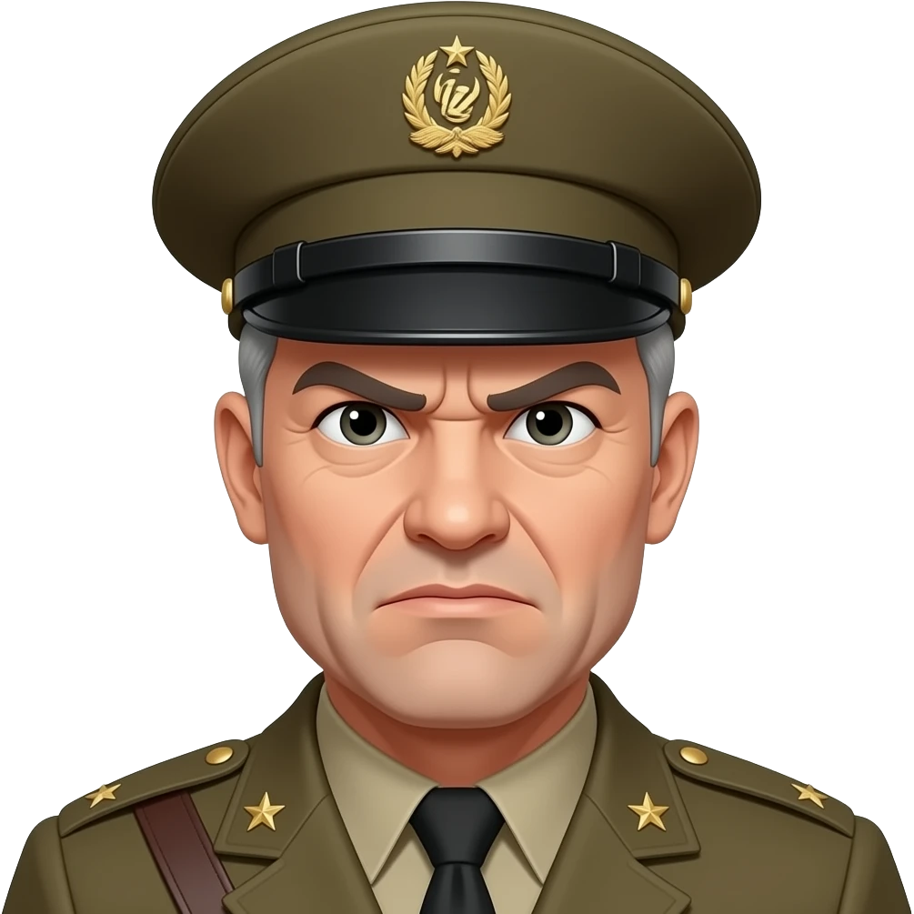 A stern frowning man, drill sergeant, slightly gray hair, wearing a campaign hat emoji