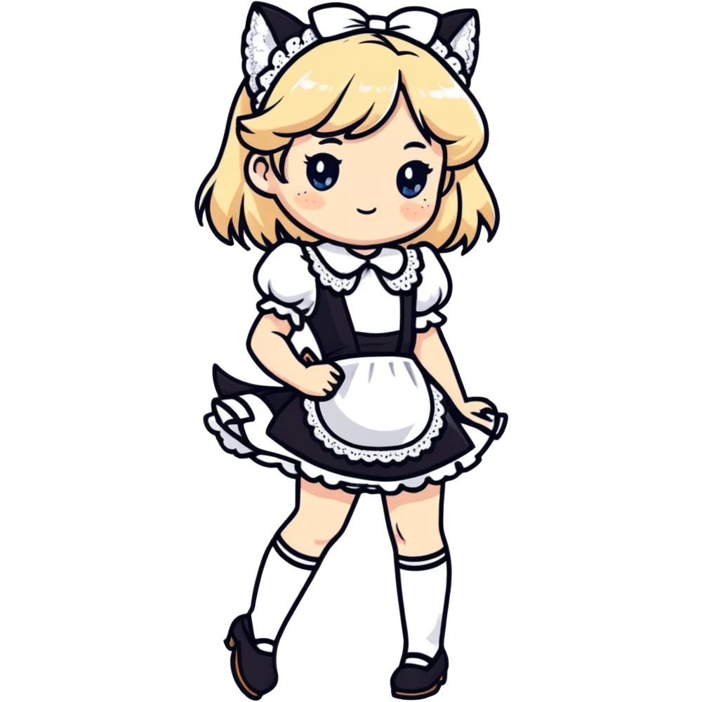 flirty petite blonde catgirl woman long hair freckles shy lace white French maid bare feet detailed face no shoes or socks emoji