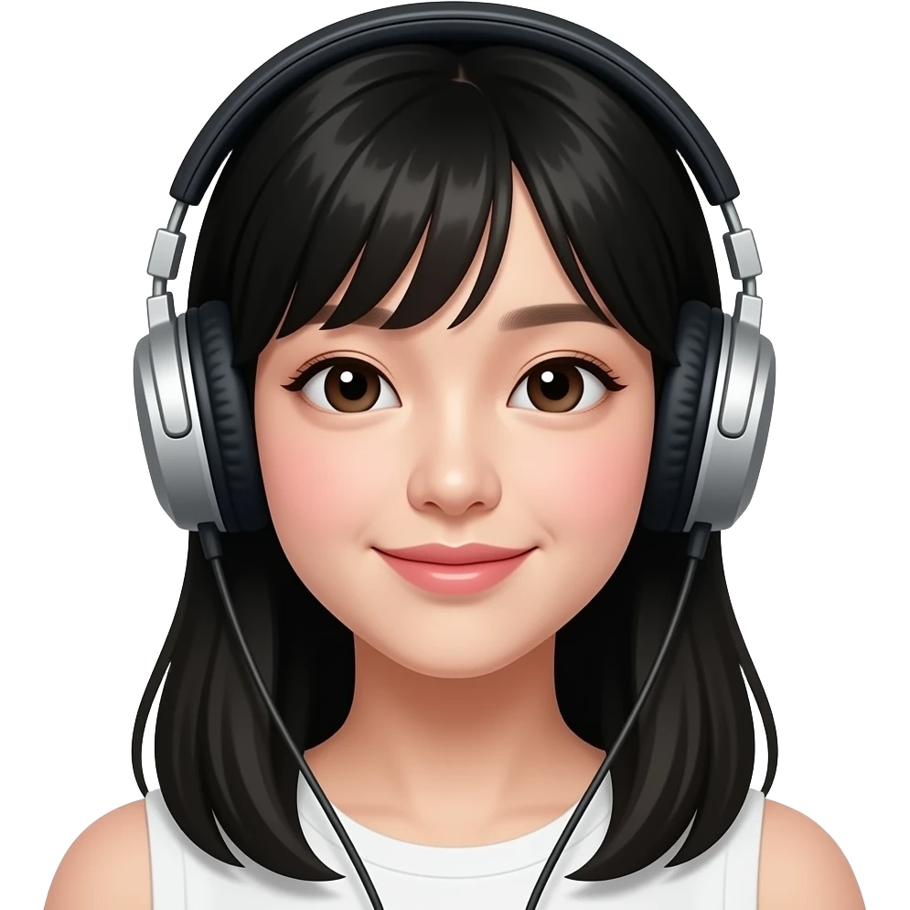 beautiful girl, with black hair, with a bit tanned skin, korean, listening to music with headphone, make it like apple emoji emoji