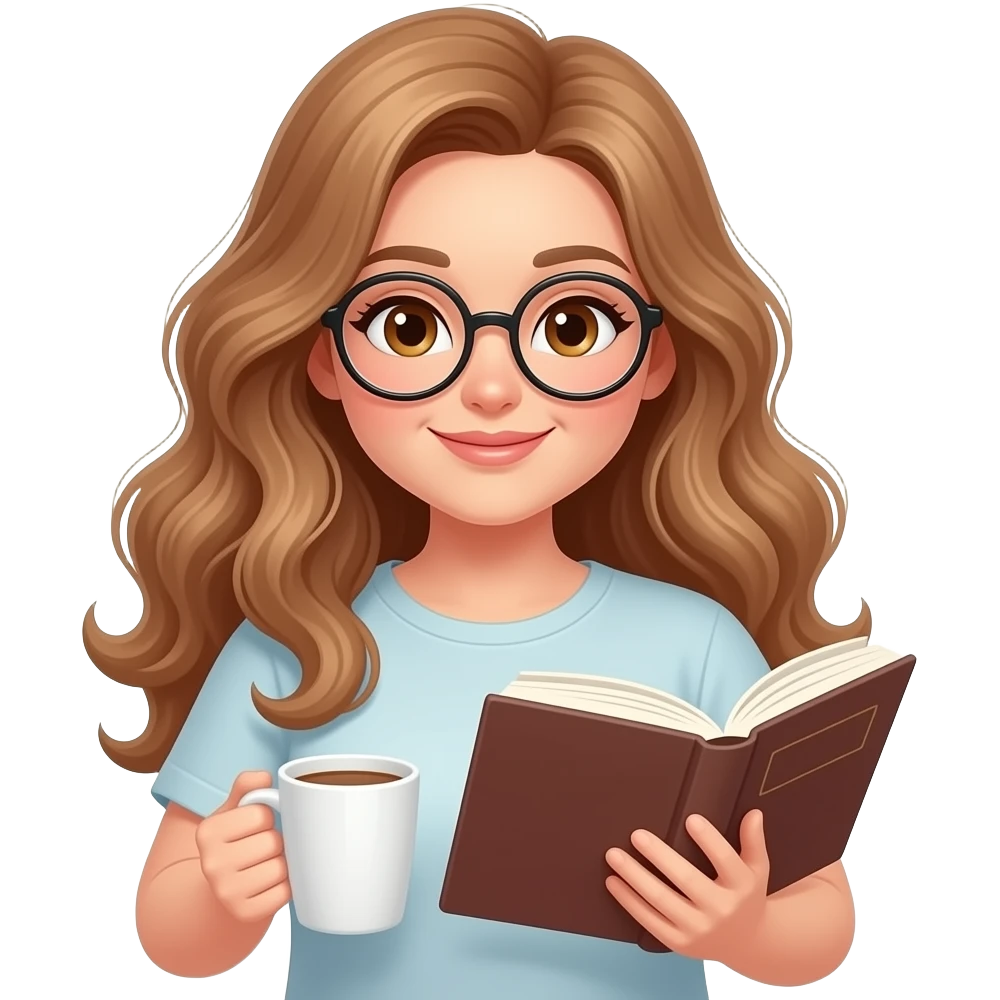 detailed emoji illustration of a curvy woman with long light brown wavy hair, light brown eyes and round glasses holding a book and a hot drink, relaxing reading break, cozy vibe, cute emoji style emoji