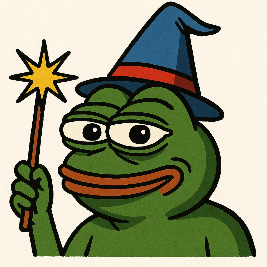 Pepe the Frog with a wizard hat and magic wand, meme style emoji