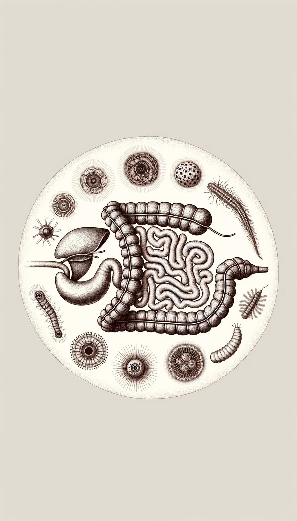 corpo umano anatomico con parassiti tipo la tenia nel corpo, intestino visibile, sfondo neutro chiaro emoji