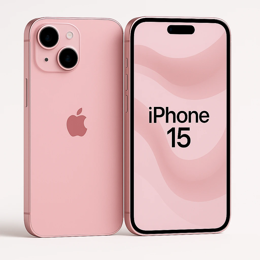 Change the iPhone 15 to pink color with a visible Apple logo in a realistic style. Keep the white background. emoji