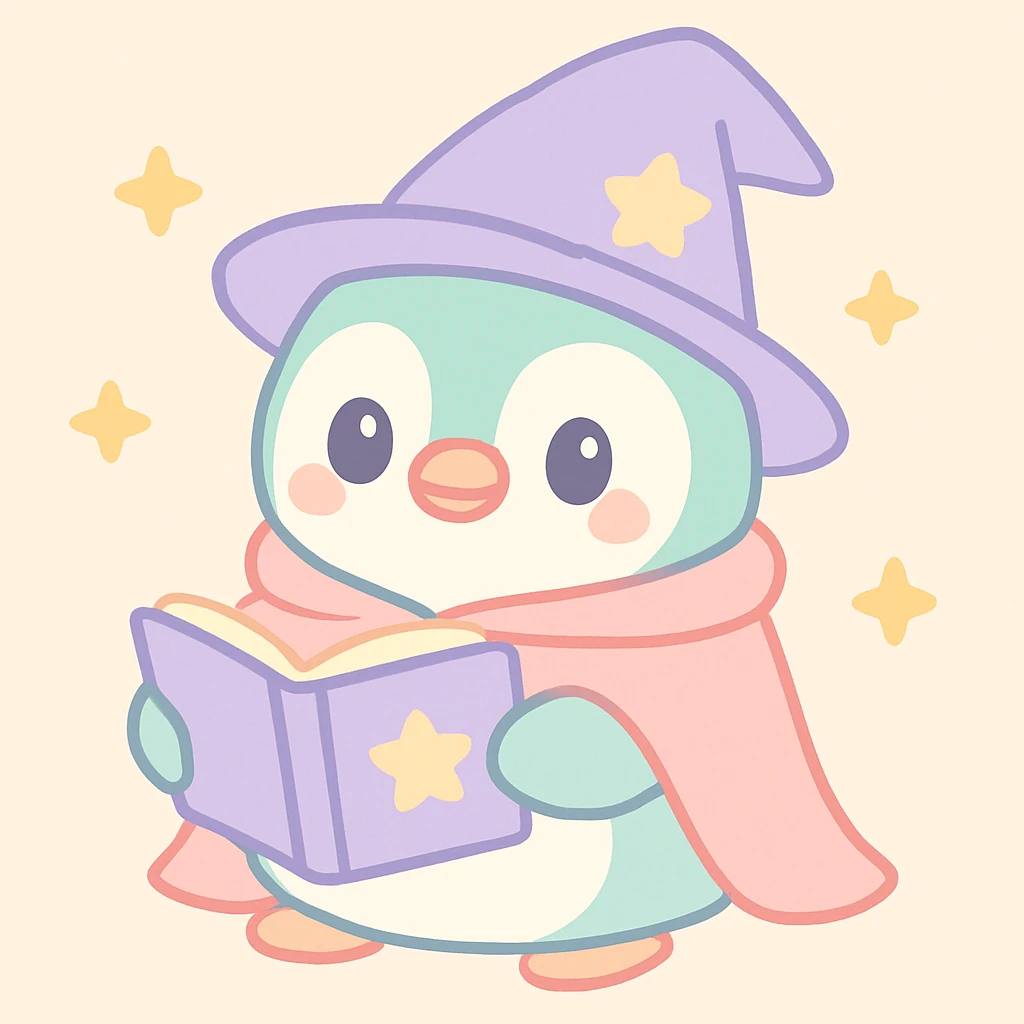 chubby penguin with a wizard hat and cloak, holding an open spellbook, charming and friendly style emoji