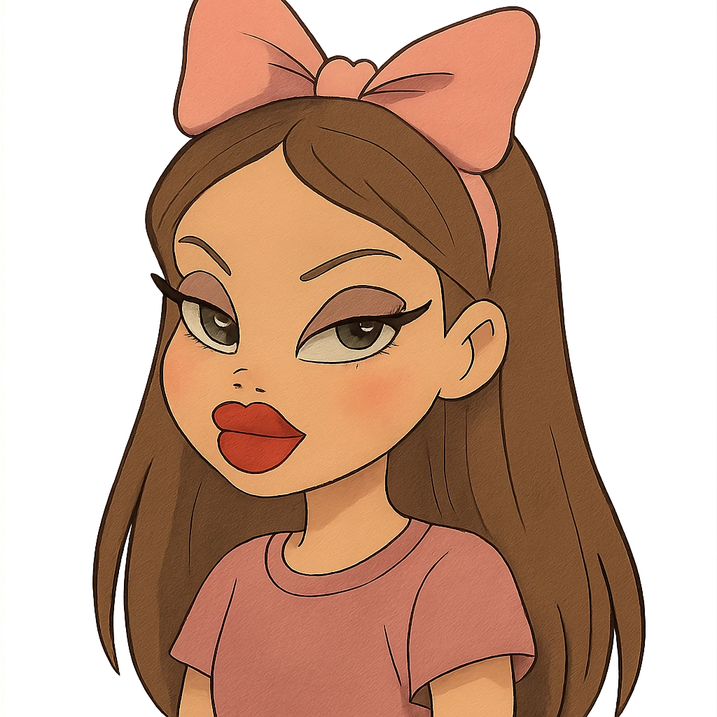 Bratz-inspired girl with brown hair and a pink bow emoji