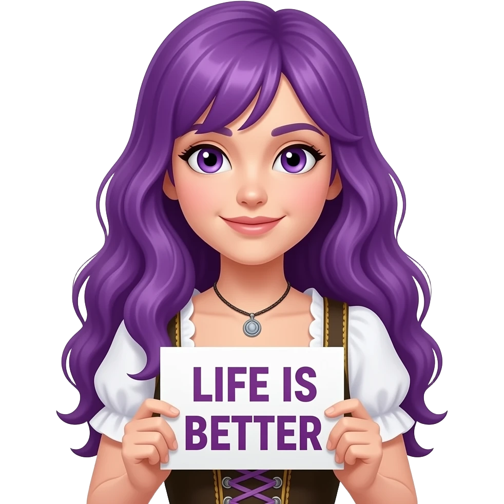sexy girl with long purple hair and purple eyes wearing a dirndl holding a LIFE IS BETTER in a DIRNDL sign emoji