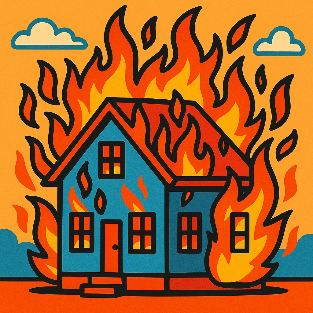 a house engulfed in flames, cartoon style, vibrant colors, expressive emoji