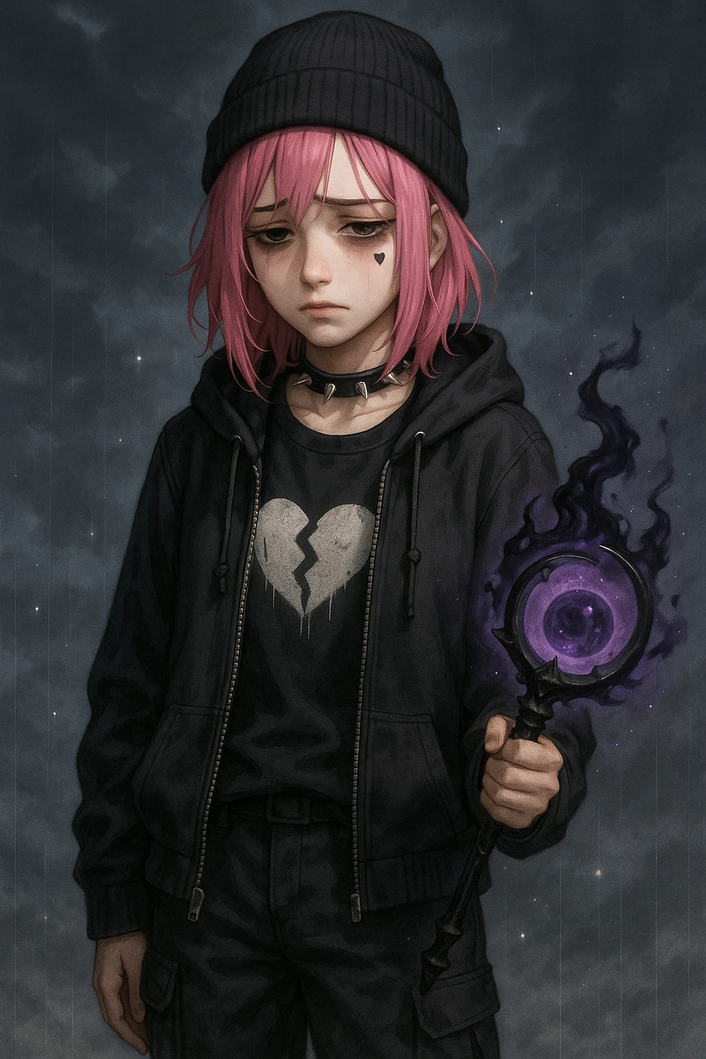 Change the character's facial expression to depressed with downcast eyes, a somber mouth, and a sense of sadness. Keep the small heart tattoo under her left eye. She is wearing a modern streetwear outfit in emo style, with pink hair, a dark magical accessory, sparkles, and a stormy background. Render this in a realistic anime style. emoji