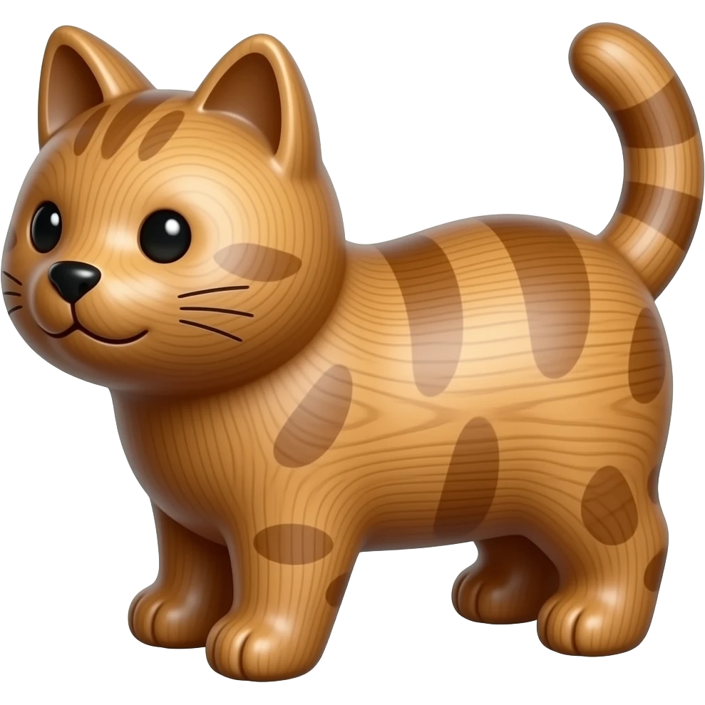 A carved wooden full cat toy emoji, made of warm oak with a smooth, polished finish. The cat has simple, rounded features with engraved details for eyes and nose, giving it a handcrafted, vintage look. The texture of natural wood grain is visible, adding authenticity. emoji