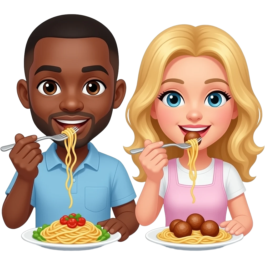 Black man with shaved head and blonde woman eating spaghetti and meatballs together emoji