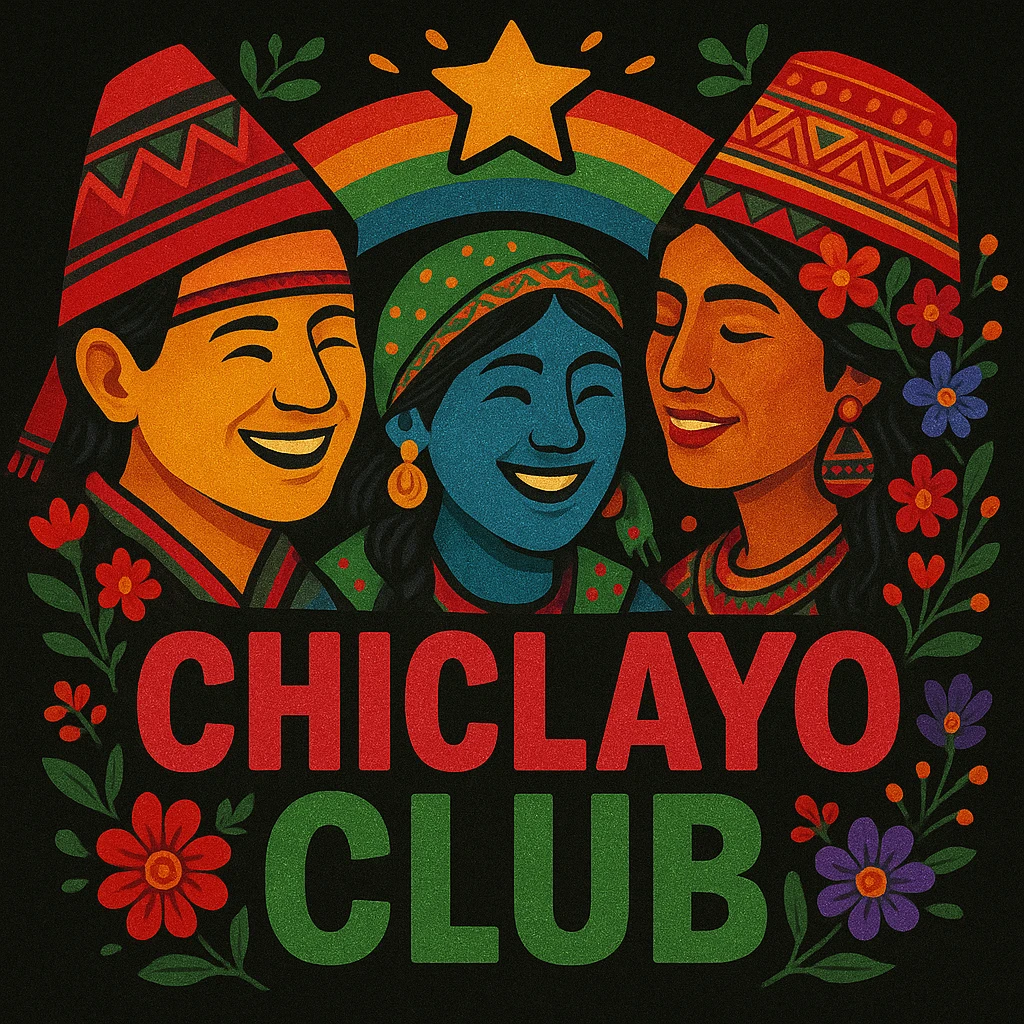 Modify the logo by adding a third face (total three faces) while keeping the colorful Peruvian theme and flowers. Make the style less childish and more mature but still convey friendship and joy. Retain the text 'Chiclayo Club'. The style should reflect a vibrant, joyful, and culturally rich Peruvian aesthetic with a balanced mature tone, not overly cartoonish or childish. emoji