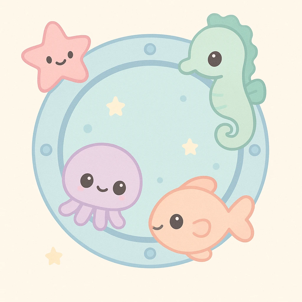 whimsical porthole with sea creatures peeking in, playful and colorful emoji
