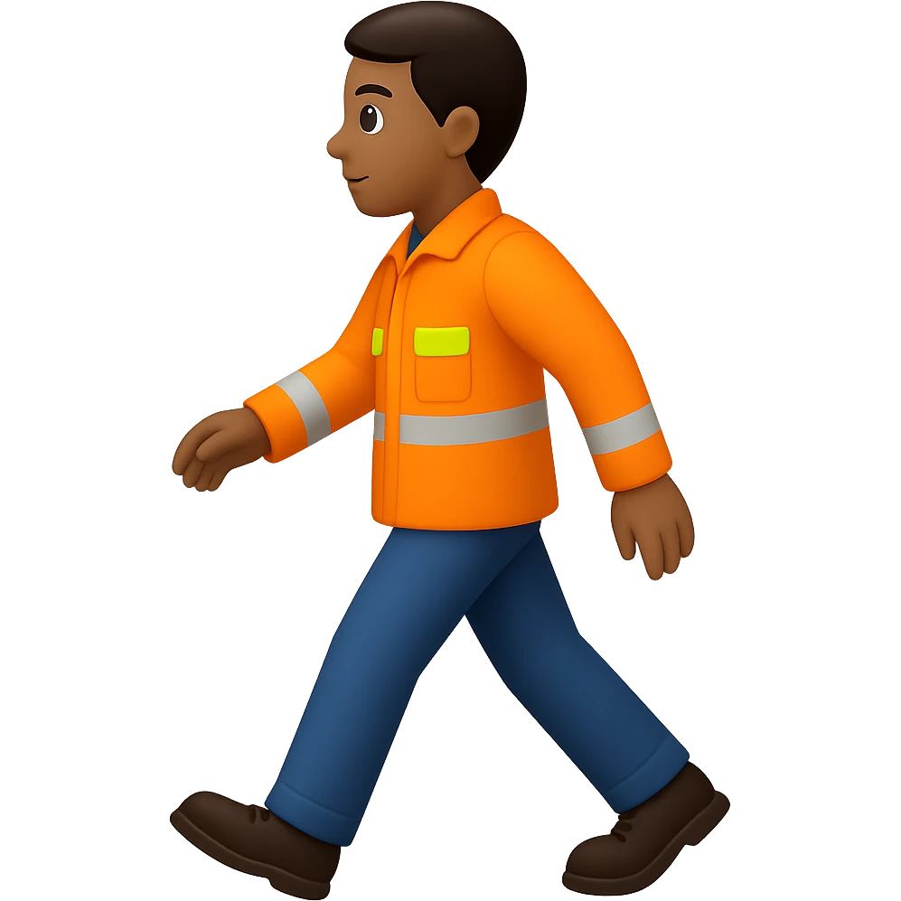 Create a full-body person walking, wearing a high-visibility jacket, no hard hat, in the style of apple emojis, with no background (transparent). emoji