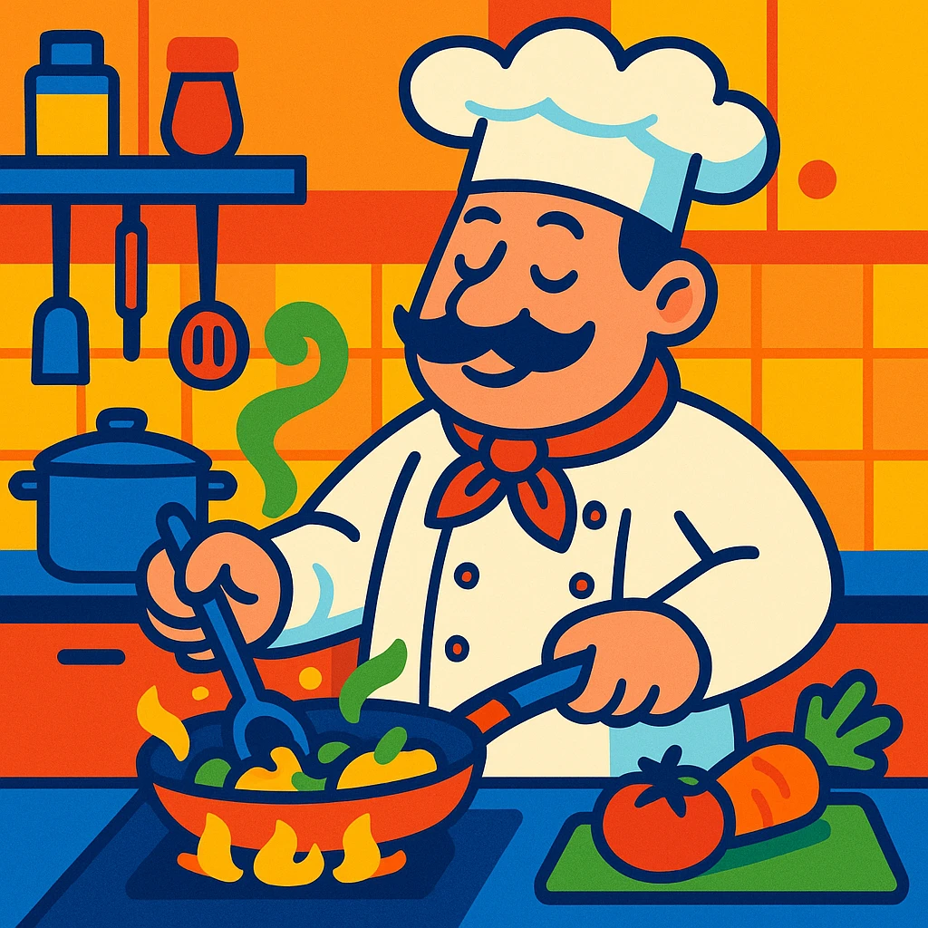 a chef cooking in a kitchen, vibrant cartoon style emoji