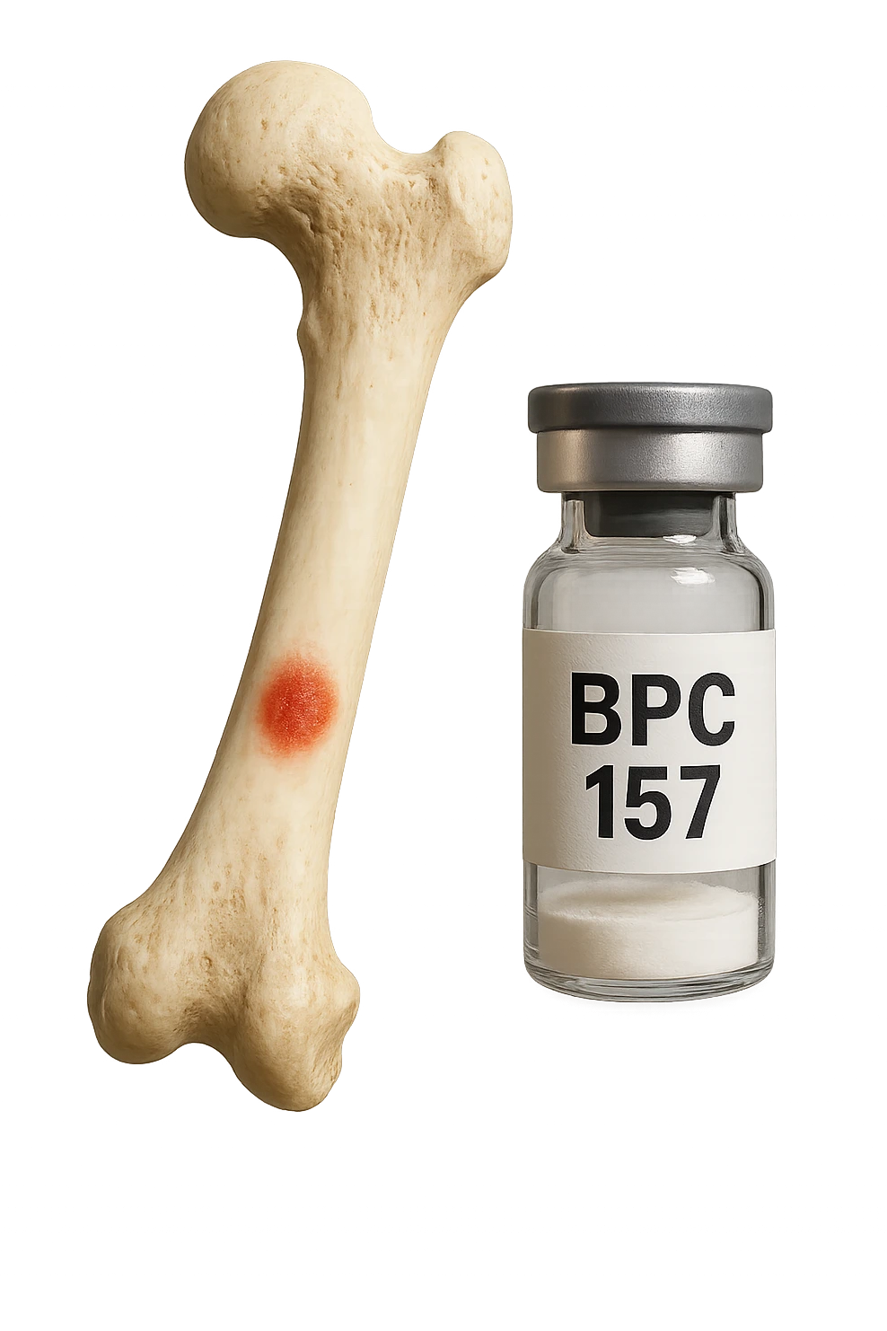 osso umano con red spot fluttua insiema a fiala medica con la scritta "BPC 157" SULL'ETICHETTA, iperrealistiche 4k emoji