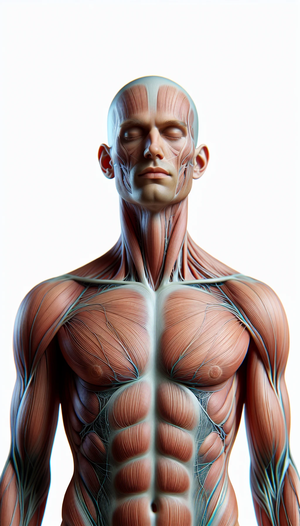 corpo umano anatomico a corpo intero con occhi chiusi sereno e in perfetta salute , isolato su sfondo bianco, iperrealistico 4k emoji