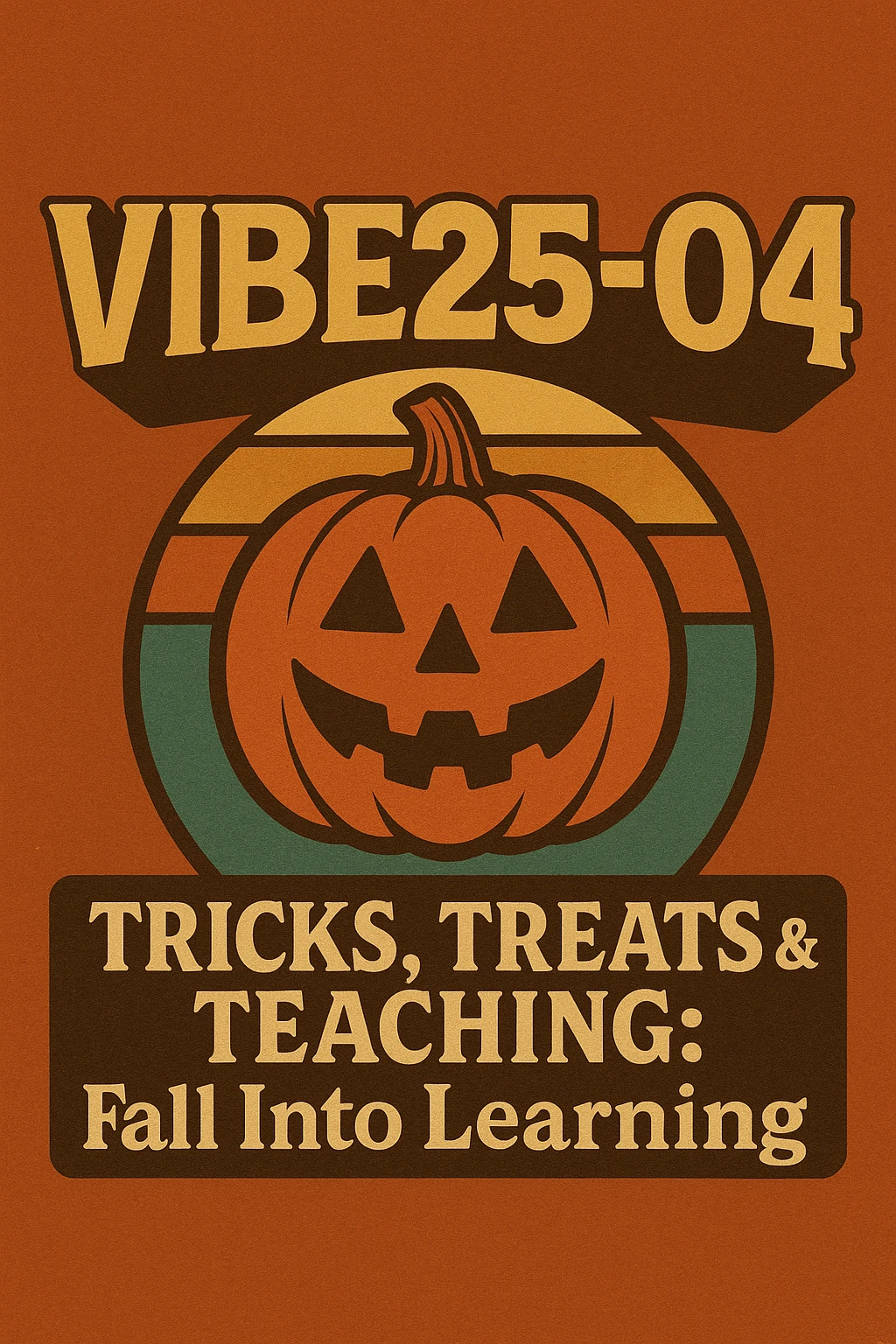 Create a logo that encompasses a retro 80's feel, nostalgic, ALSO RETRO.  Add the words "VIBE25-04: Tricks, Treats & Teaching: Fall Into Learning" emoji