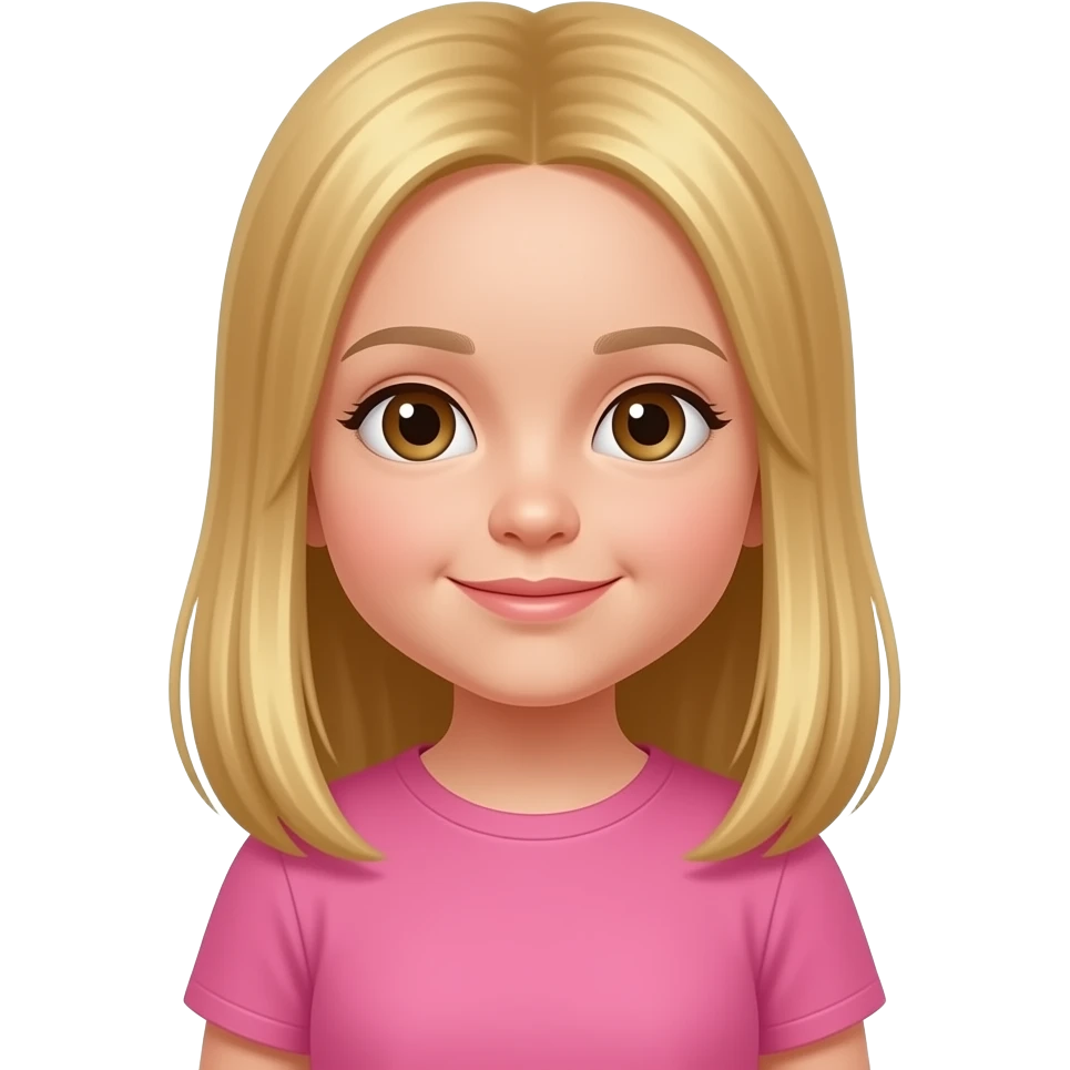 Stunning little 4 year old girl long blonde straight hair no bangs brown eyes pink tshirt emoji