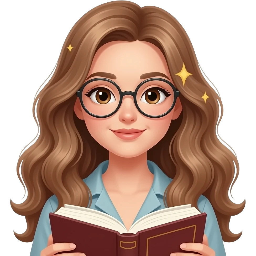 detailed emoji illustration of a curvy woman with long light brown wavy hair, light brown eyes and round glasses reading a book with dreamy thoughts or sparkles around her head, immersive reading vibe, cute emoji style emoji