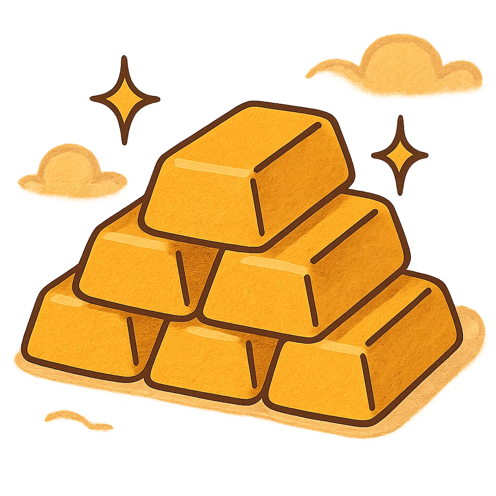 gold bars stacked with sparkle effect, flat modern style, bright saturated colors golds greens reds, minimal but expressive, universal look emoji