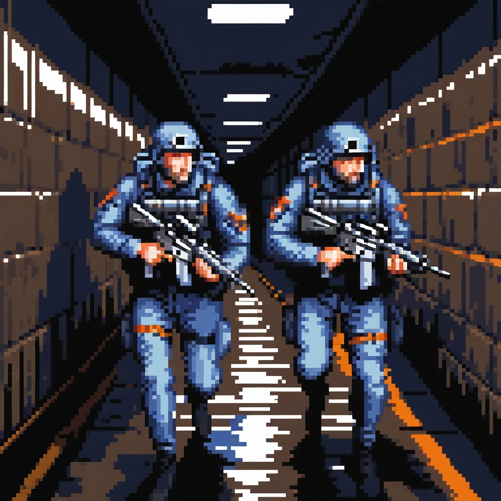 a SNES box art image of navy seals nicholas cage and sean cohnery sneaking through a dark sewer holding 2 mp5's, blue and orange color schemecutscene graphic - 3/4 side perspective emoji