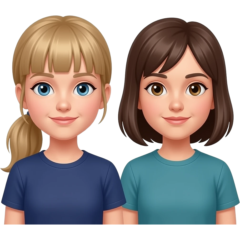 Older Girl with light blonde hair blue eyes, girl with light brown hair in ponytail with bangs and blue eyes and dark blue t-shirt, boy light brown hair blue green t-shirt, girl dark Brown shoulder length hair brown eyes purple t-shirt emoji