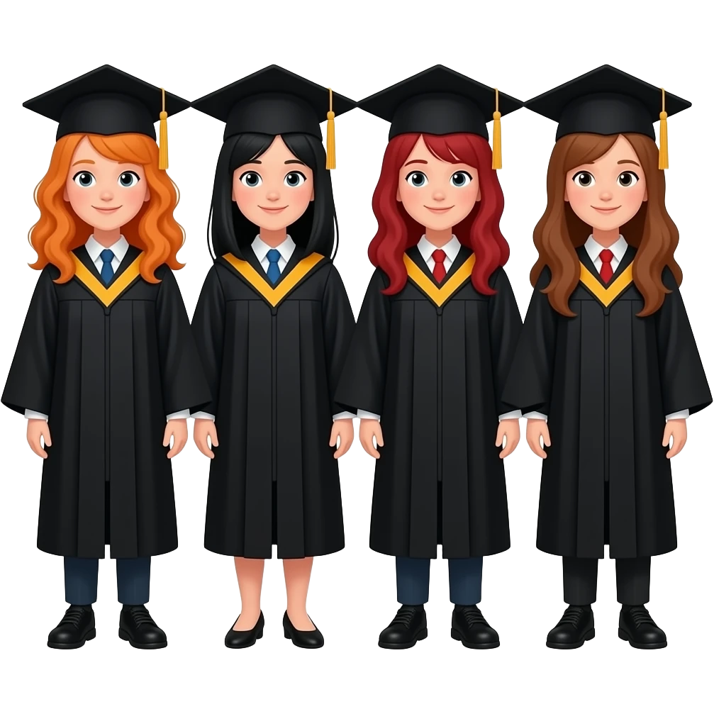 4 girls graduate. One with ginger hair a bit wavy. Two with black. One with straight and one a bit black red and one with brown longer hair. emoji