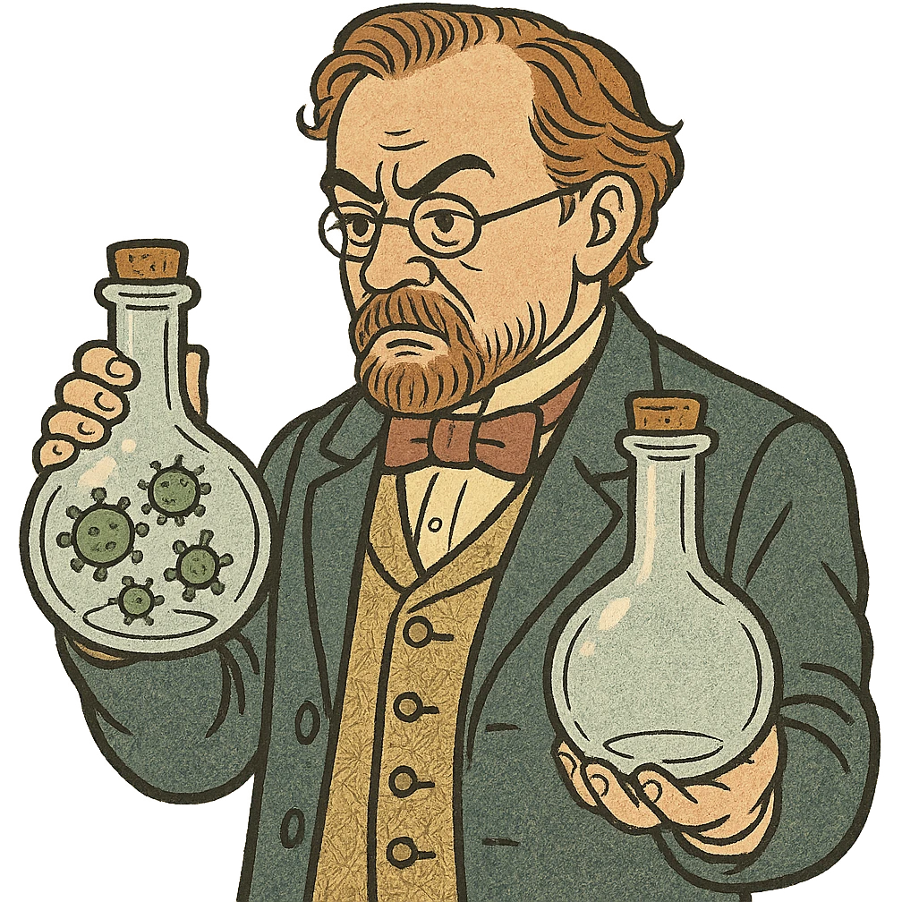 a victorian scientist with two sterile bottles one with germs inside the other bottle without emoji