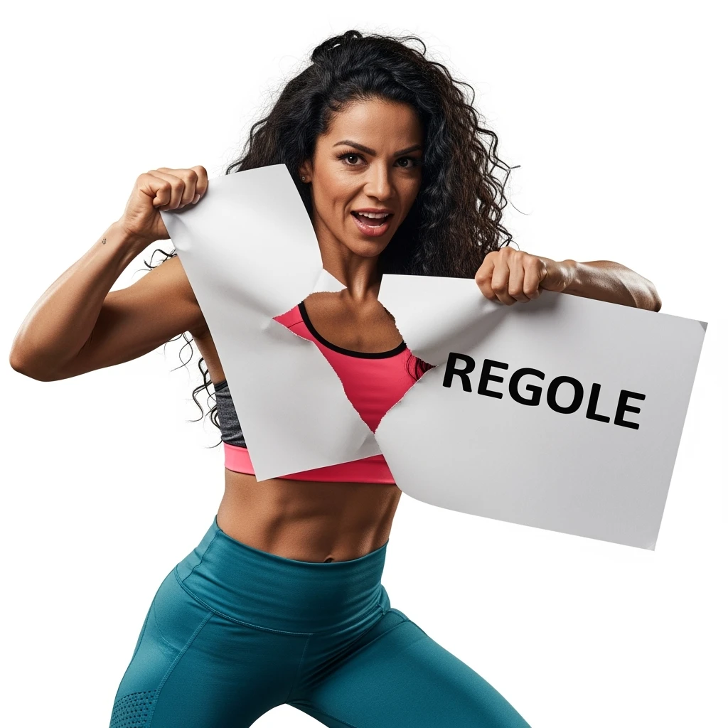 DONNA FITNESS CHE STRAPPA UN FOGLIO CON LA SCRITTA "REGOLE", IPERREALISTICA 4K, SENZA SFONDO emoji