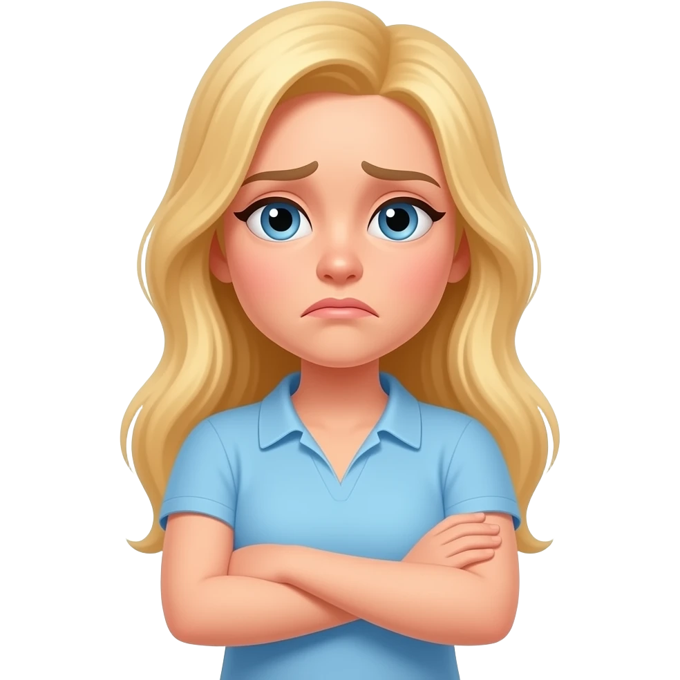 Emoji femme blonde stylé iOS qui croise les bras, qui boude et qui tourne un peu ça tête sur le côté un peu énervé mais pas triste emoji