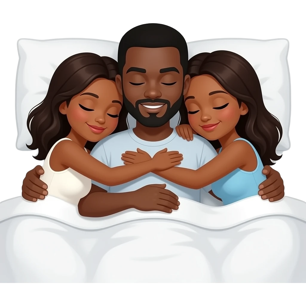 One black male in between two black females hugging him laying down in bed emoji