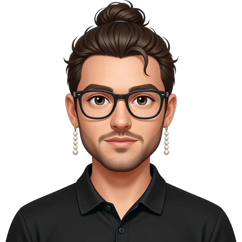 Men with a Messy bun and glasses, long earing with white pearl and black polo emoji