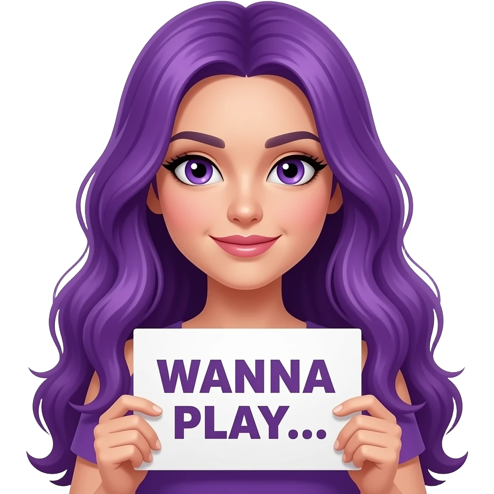 sexy girl with long purple hair and purple eyes holding a WANNA PLAY... sign emoji