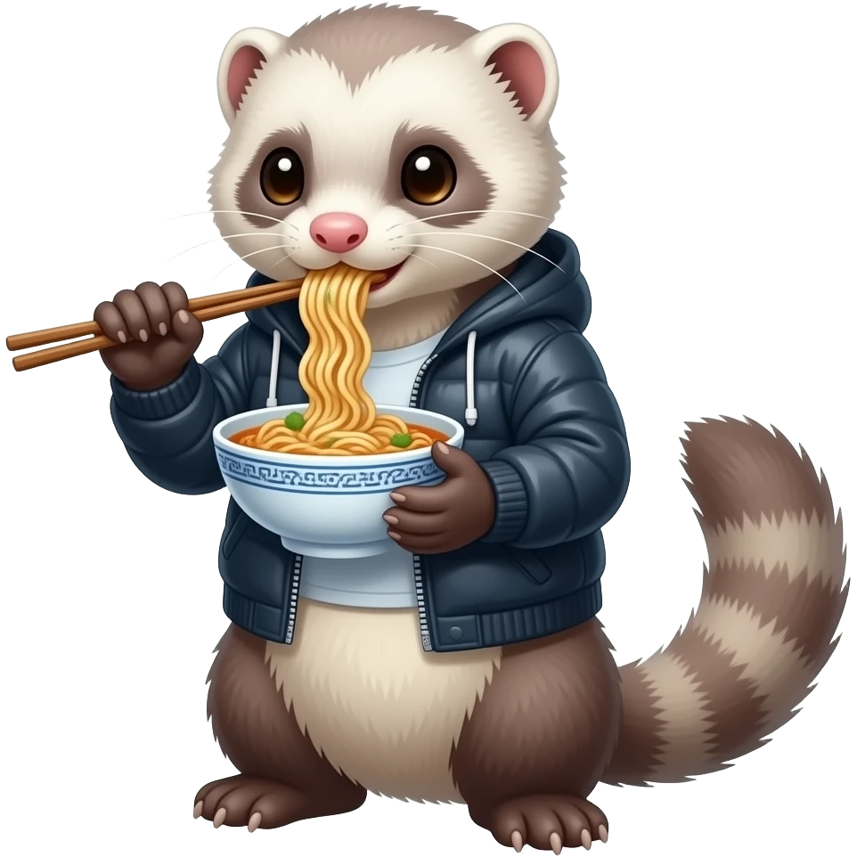 White ferret in a jacket eating ramen emoji