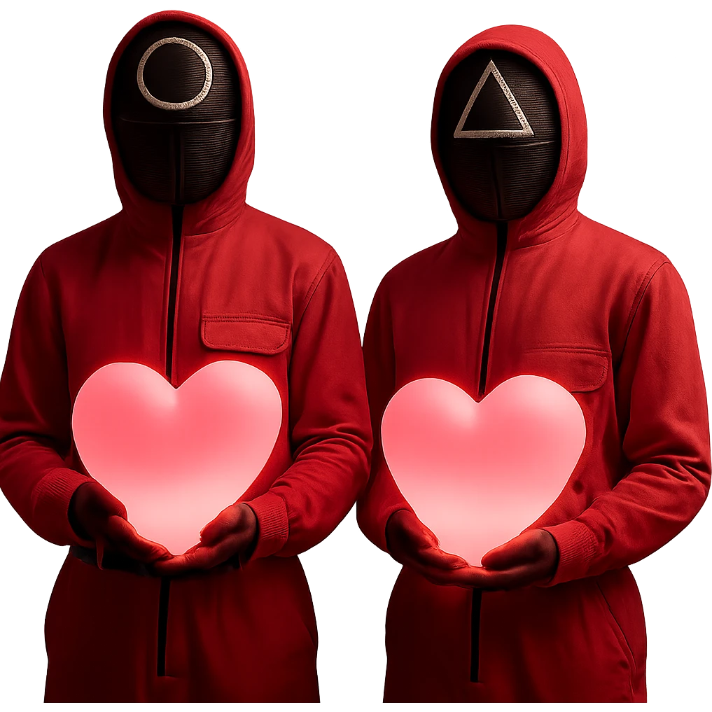 Edit the image of two masked guards from Squid Game series in pink jumpsuits, both holding large glowing pink hearts that emit soft light. Keep the original style with minimal background and dramatic lighting. Remove the background entirely. emoji