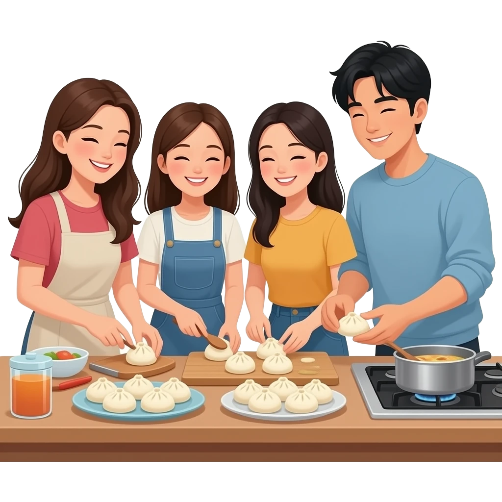 bao bun workshop at home with 5 friends: 1 westen female, 3 asian female with long hair and 1 korean male with long hair emoji