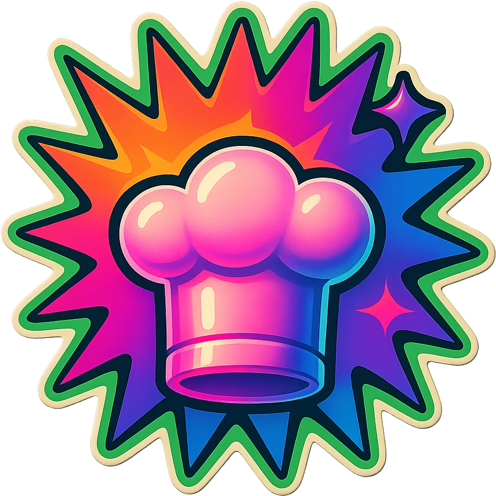 chef's hat, colors explosion, playful and modern with gradient FF4D67, 9D34FF gradient, border green neon, vibrant, matching image reference  emoji