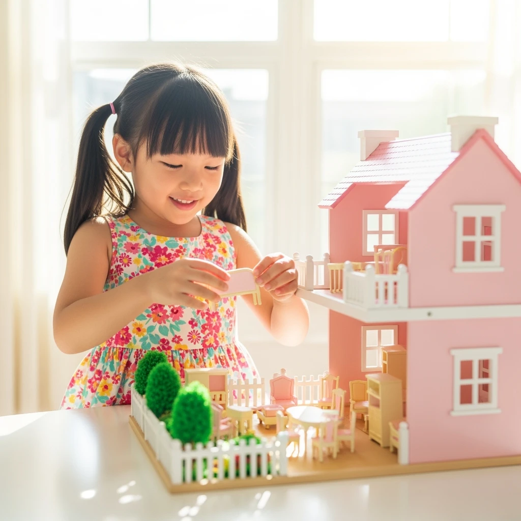 smiling girl arranging furniture in doll house emoji