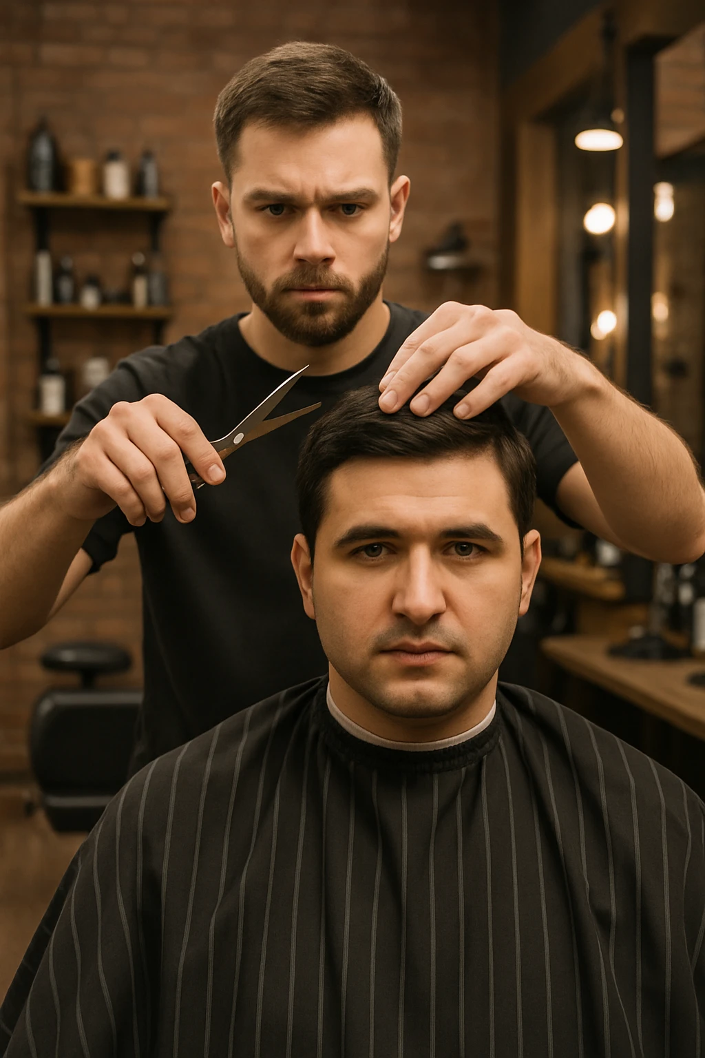 manashu akani yuzlaridan foydalanib sartarosh chizib bergin u soch olishga tayyor turganini chizib ber old rakursda bulsin mijoz tugriga qarab utirganini va sartarosh uni orqasida turib bitta ulida qaychi, ikkta quli bilan tayyorgarlik kurib turganini chizib ber xuddi 1,2,3 boshladik degandey birdaniga ishga kirishib ketadigan dek tayyor bulib tursin emoji