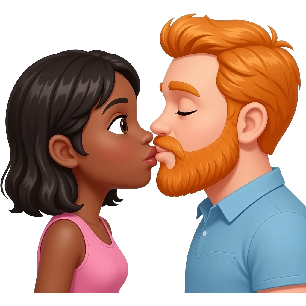 Black girl and orange  chubby head guy with beard kissing emoji