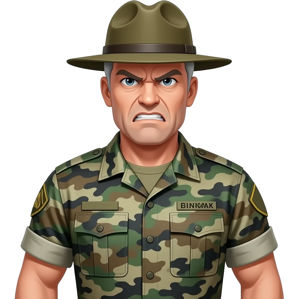 white sergeant character with gray wearing a classic drill sergeant hat and a urban camouflage army shirt. The character should have an angry intense expression. full torso and arms emoji