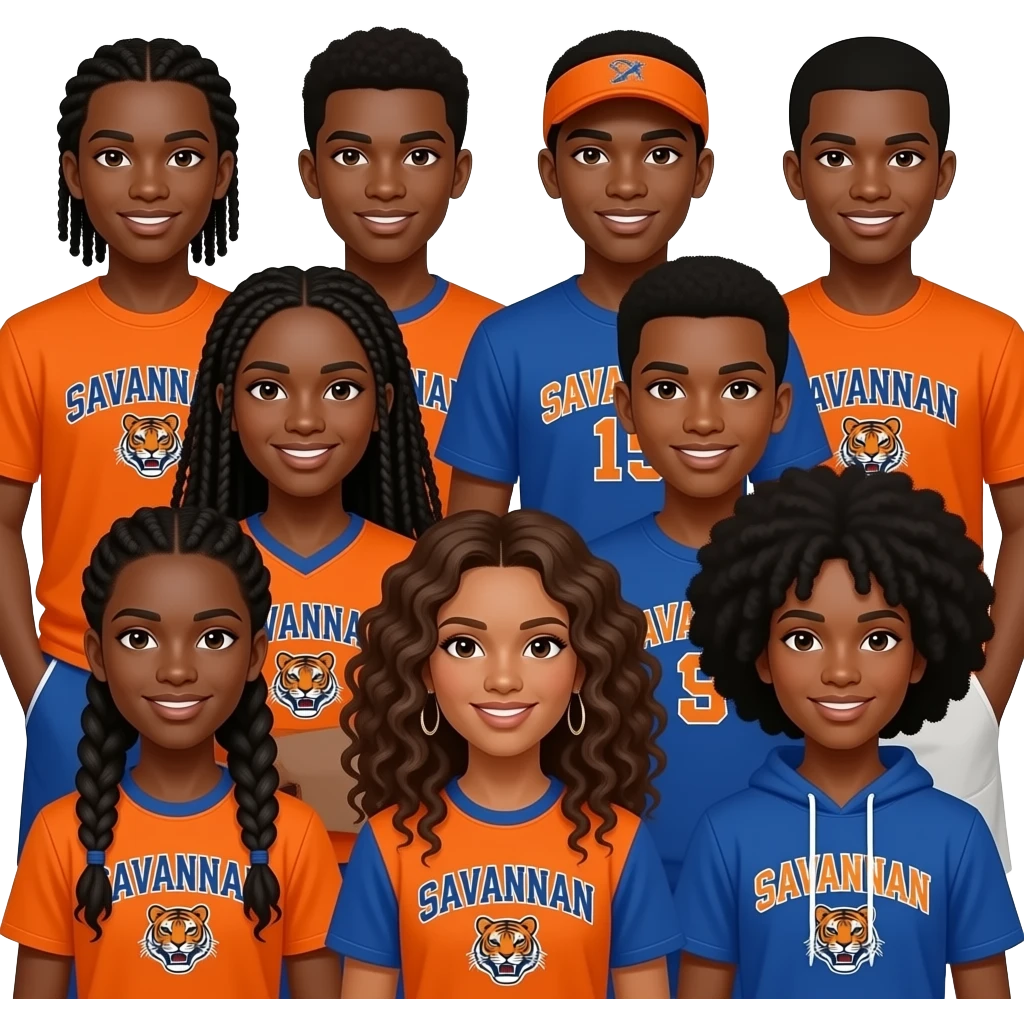 Group of hbcu brown skin 5 boys 5 girls wearing orange and blue Savannah state tigers student braids corn rolls dreads curky hair Afro emojis like 10 emoji