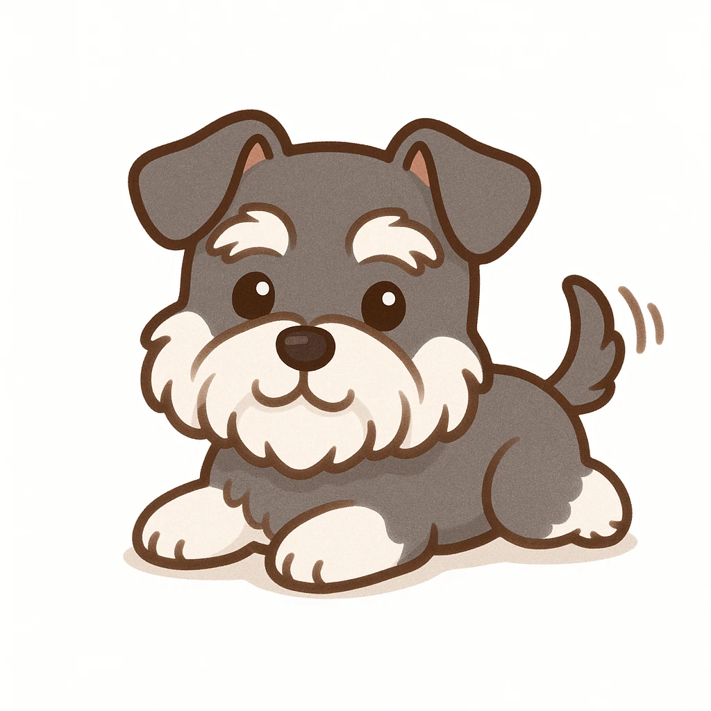 chibi sticker of a mini schnauzer, lying down, wagging tail, adorable style, white background emoji