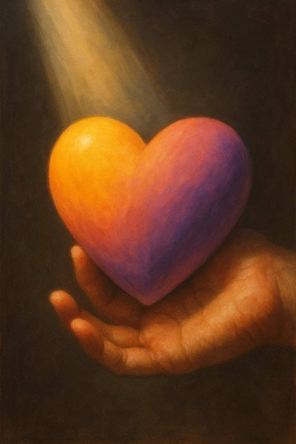 A hand holding a heart with a warm gradient, including yellow, orange, purple and lilac shades, a ray of light and darker muted tones, aspect ratio 3x4 emoji