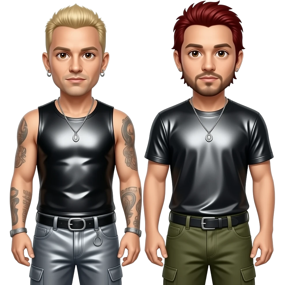 Linkin Park with Chester with brown eyes, blonde hair, black metallic sleeveless shirt, gray metallic baggy pants, Mike with brown eyes, red hair, black metallic t-shirt, olive metallic baggy pants, silver necklace emoji