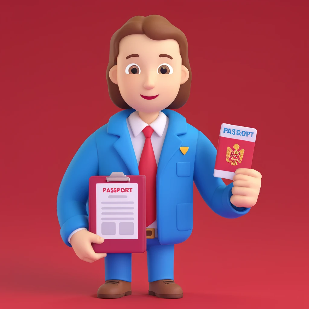 Add a background with the German flag. The universal character holds a passport or permanent residence document in hands. Maintain the 3D style. The character is neutral, friendly, and official. emoji