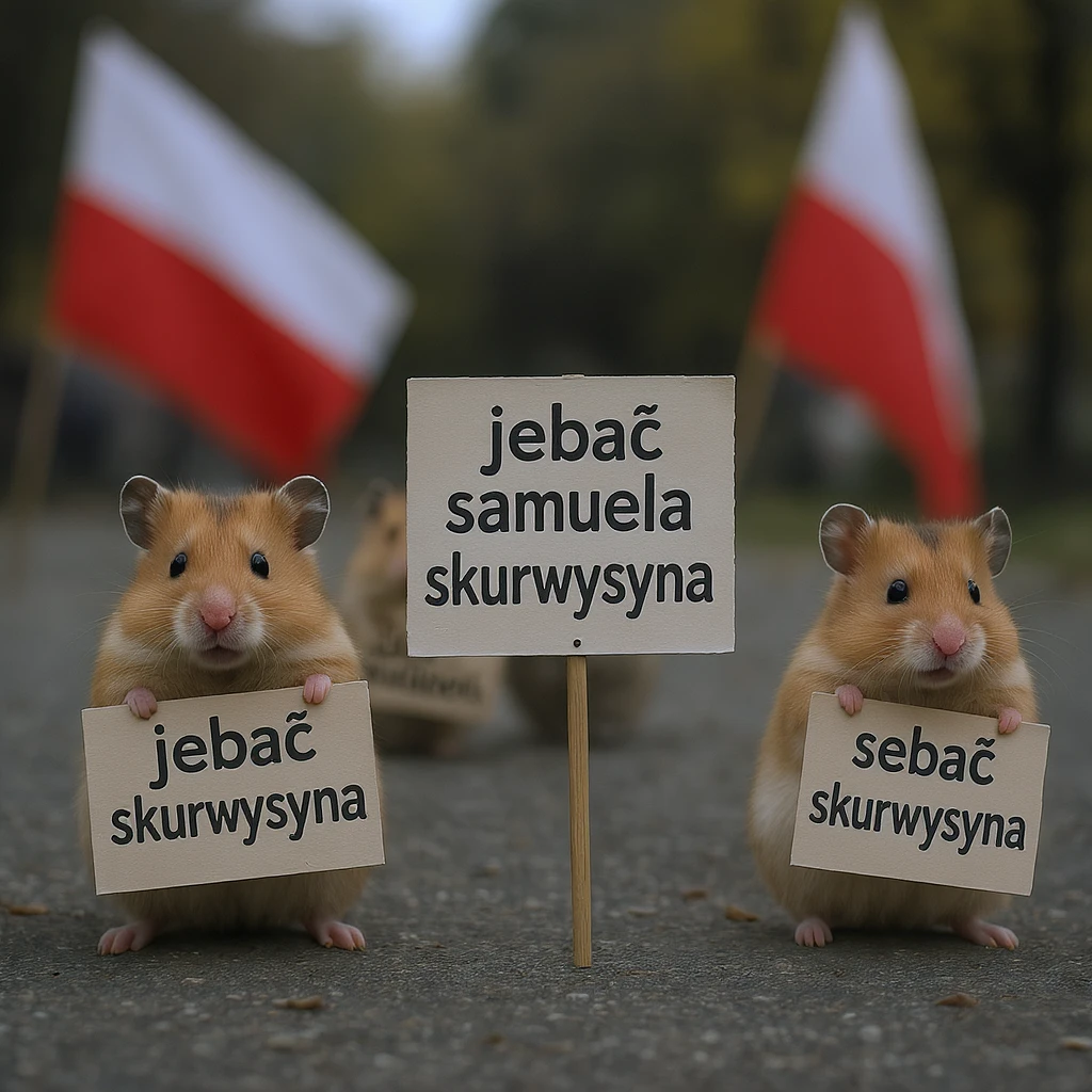 Cinematic shot of a group of hamsters takes over polish sejm. some of them has signs with "jebać samuela skurwysyna". emoji